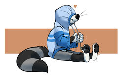 2014 4_toes 5_fingers anthro barefoot biped black_body black_fur black_nose bottomless claws clothed clothing feet fingers fur grey_body grey_fur heart_symbol hindpaw hoodie leg_markings male mammal markings mitti pawpads paws procyonid raccoon side_view sitting smile socks_(marking) solo stripes sweater toes toony topwear whiskers white_body white_fur