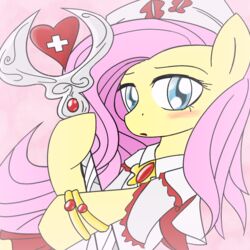 1:1 blue_eyes blush bracelet clothing equid equine female fluttershy_(mlp) friendship_is_magic hair hasbro hat headgear headwear horse jewelry long_hair looking_at_viewer mammal my_little_pony pony red_cross scepter simple_background solo thattagen