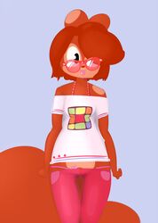 abigail_(musikalgenius) anthro biped black_eyes bottomwear clothing digital_media_(artwork) eyewear female fluffy fluffy_tail fur glasses hair low-riding mammal musikalgenius orange_body orange_fur orange_hair pants red_nose rodent sciurid shirt simple_background solo standing tail tongue tongue_out topwear tree_squirrel underwear white_background