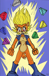 angry anthro archie_comics aura blonde_hair blue_boots blue_clothing blue_footwear blue_topwear blue_vest boots brown_body brown_fur chaos_emerald charging_up chipmunk clothed clothing emerald_(gem) energy female footwear fur gem ground_squirrel hair mammal navel open_clothing open_mouth open_topwear open_vest red_eyes rodent rugdog sally_acorn sciurid scut_tail sega short_tail solo sonic_the_hedgehog_(archie) sonic_the_hedgehog_(comics) sonic_the_hedgehog_(series) super_saiyan tail topwear vest