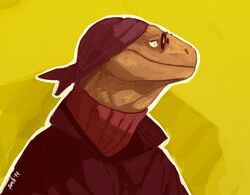 2014 ambiguous_gender amit anthro bandana clothing coat eyewear glasses grey_eyes headkerchief jacket kerchief komodo_dragon lizard monitor_lizard reptile scalie simple_background solo sunglasses sweater teashades topwear turtleneck yellow_background