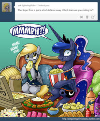 2014 alicorn ask_blog beverage blonde_hair blue_body blue_feathers blue_fur bottomless chips_(food) clothed clothing crown cutie_mark denver_broncos derpy_hooves duo eating english_text equid equine fanta feathered_wings feathers female food friendship_is_magic fruit fur furniture green_eyes grey_body grey_feathers grey_fur hair hasbro headgear horn john_joseco mammal melon multicolored_hair my_little_pony mythological_creature mythological_equine mythology nfl pegasus pillow pizza plant popcorn princess_luna_(mlp) royalty seattle_seahawks shirt sitting soda sofa text tiara topwear two_tone_hair watermelon watermelon_slice wings yellow_eyes