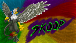 abstract_background anthro avian beak electronics equid feathered_wings feathers fur gryphon hair hasbro headphones hi_res male mammal mishiranui-san multicolored_hair my_little_pony mythological_avian mythological_creature mythology realistic simple_background skoop solo tail text weapon wings yellow_eyes