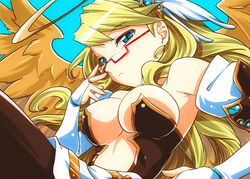  angel angel_wings aqua_background archangel_(p&amp;d) armor armpits bad_id bad_pixiv_id bare_shoulders black_pantyhose blonde_hair blue_eyes breasts bridal_gauntlets cleavage commentary_request feathered_wings female glasses hair_ornament hairband halo kanoe_(gallery_walhalla) large_breasts long_hair looking_at_viewer midriff pantyhose puzzle_&amp;_dragons red-framed_eyewear semi-rimless_eyewear solo under-rim_eyewear underboob upper_body wings 