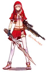  &eacute;clair_farron alternate_costume armband bandeau belt black_gloves blue_eyes breasts choker cleavage cleavage_cutout female final_fantasy final_fantasy_xiii gloves gun gunblade hood midriff miniskirt pink_hair red_skirt rifle skirt solo sword thigh_gap thighhighs weapon white_legwear yosiharu4480 