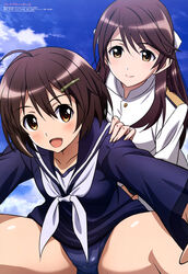  2girls absurdres blush brave_witches brown_eyes brown_hair day hair_ornament hairclip highres karibuchi_hikari karibuchi_takami long_hair military military_uniform multiple_girls noguchi_takayuki official_art open_mouth scan school_swimsuit school_uniform serafuku short_hair siblings sisters smile swimsuit swimsuit_under_clothes uniform world_witches_series 