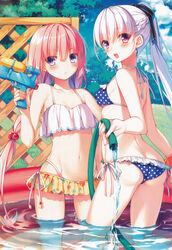  2girls absurdres arm_at_side ass ass_visible_through_thighs back bare_shoulders berkut_(girly_air_force) bikini bikini_under_clothes black_ribbon blue_sky blunt_bangs blush braid breasts butt_crack closed_mouth cloud cloudy_sky collarbone covered_nipples day dengeki_bunko earrings eyebrows finger_on_trigger fingernails floral_print french_braid frilled_bikini frills from_side girly_air_force grass gripen_(girly_air_force) groin hair_between_eyes hair_bobbles hair_ornament hair_ribbon hand_up highleg highleg_bikini highleg_panties highres holding hose jewelry kneeling legs_apart light_purple_hair long_fingernails long_hair looking_at_viewer looking_to_the_side low_twintails lowleg lowleg_bikini microskirt midriff multiple_girls nail_polish navel outdoors panties partially_submerged photoshop_(medium) pink_hair pink_lips polka_dot polka_dot_bikini ponytail purple_eyes ribbon ripples scan scrunchie shoulder_blades side-tie_bikini_bottom side-tie_skirt skirt sky small_breasts standing stomach strapless string_bikini stud_earrings swimsuit teeth toosaka_asagi toy_gun tree twin_braids twintails underwear very_long_hair wading wading_pool water water_gun 