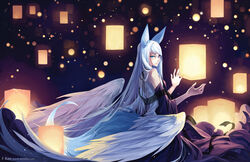  animal_ears bare_back blue_eyes blue_hair box breasts commentary dress english_commentary feathered_wings female floating floating_object from_behind glowing hagoromo halter_dress halterneck heterochromia light_particles light_smile long_dress long_hair looking_at_viewer medium_breasts multicolored_hair narrowed_eyes night night_sky oni_(zetallis) orb original purple_dress purple_eyes shawl signature sky solo tail two-tone_hair very_long_hair watermark web_address white_hair white_wings wings zetallis 