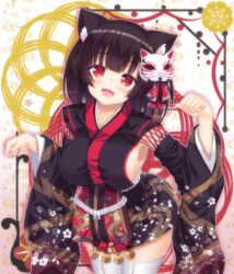  :d animal_ears armpits azur_lane bad_id bad_pixiv_id bangs bell black_hair black_kimono blunt_bangs blush breasts cat_ears eyebrows_visible_through_hair floral_print gradient gradient_background head_tilt highres japanese_clothes jingle_bell kimono kisshii_(kic1224) leaning_forward long_sleeves looking_at_viewer mask mask_on_head medium_breasts obi oerba_yun_fang open_mouth paw_pose sash shiny shiny_hair short_hair sideboob skindentation smile solo standing tareme tassel thighhighs white_legwear wide_sleeves yamashiro_(azur_lane) zettai_ryouiki 