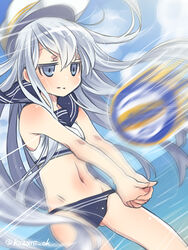  adapted_costume bare_shoulders beach blue_eyes commentary_request female hat hibiki_(kancolle) kantai_collection kazami_miki long_hair motion_blur own_hands_together photoshop_(medium) sleeveless solo swimsuit twitter_username verniy_(kancolle) volleyball white_hair 