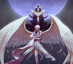  1boy absurdres androgynous black_hair cardcaptor_sakura chinese_commentary cjh123456 closed_eyes clow_card commentary_request dark_(clow_card) feathered_wings female full_moon hair_over_one_eye highres large_wings looking_at_viewer moon photoshop_(medium) sleeves_past_wrists white_wings wings yue_(cardcaptor_sakura) 