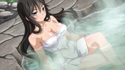  bare_shoulders black_hair blue_eyes blush breasts cleavage collarbone crossed_legs dutch_angle female from_side game_cg hair_between_eyes large_breasts light_smile long_hair looking_at_viewer naked_towel naughty_face onsen outdoors partially_submerged rock sakura_spirit shiny_skin sitting smile solo steam sukino_miyo towel very_long_hair wanaca water wavy_hair 