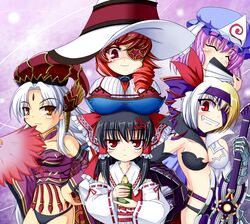  5girls ^_^ anger_vein ascot baba_yaga_(lord_of_vermilion) black_hair bow breast_rest breasts cleavage closed_eyes commentary_request crossover cup detached_sleeves eyepatch folding_fan great_harlot grin hair_tubes hairbow hakurei_reimu hand_fan hat jeanne_d&#039;arc_(lord_of_vermilion) jitome large_breasts long_hair lord_of_vermilion matabii multiple_girls red_eyes red_hair saigyouji_yuyuko short_hair skirt slit_pupils smile teacup touhou triangular_headpiece white_hair yellow_eyes 