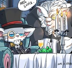  2015 absurd_res anthro beverage big_eyes big_head black_clothing blue_eyes blush bow_(feature) bow_tie braided_hair butler candle canid canine chair cheek_tuft clothing colored detailed_background dialogue digital_media_(artwork) duo ear_tuft eating empty_eyes eyewear facial_tuft fangs felid fire fluffy food front_view frown fur furniture gentleman glass gnar_(lol) hair hat headgear headwear hi_res holding_object inner_ear_fluff inside knife korean_text larger_male league_of_legends light long_hair male male/male mammal mayar monocle muscular muscular_male one_eye_closed open_mouth open_smile pantherine pink_nose plate rengar_(lol) riot_games romantic romantic_couple shaded shirt signature sitting size_difference smaller_male smile standing suit table teeth tencent text toony top_hat topwear translated tuft white_body white_fur wink yellow_eyes yordle 