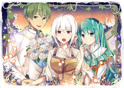  1boy 2girls :o aqua_eyes aqua_hair ayn_(evillious_nendaiki) bad_id bad_pixiv_id blush bow breasts bucket capelet clarith commentary_request dusk evillious_nendaiki flower food formal frilled_capelet frills fruit grapes green_eyes green_hair hairbow hand_on_another&#039;s_arm hatsune_miku holding_another&#039;s_arm large_breasts leaf light_particles locked_arms long_hair love_triangle michaela_(evillious_nendaiki) multiple_girls nervous open_mouth plant ponytail red_eyes rose shiro_no_musume_(vocaloid) short_hair smile straight suit sweatdrop tareme twilight twintails very_long_hair vines vocaloid white_hair white_suit yowane_haku yuken_52 yuri 