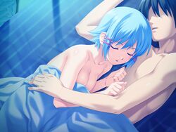  1boy bed black_hair blue_hair bra breasts cleavage closed_eyes faceless faceless_male female game_cg highres himuro_rikka koutaro medium_breasts short_hair sleeping straight tropical_kiss underwear 