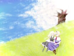  2girls :d akumasatan alice_margatroid apron black_dress black_footwear blonde_hair blue_dress blue_eyes blue_sky boots bow braid brown_footwear capelet cherry_blossoms closed_eyes cloud commentary_request day dress facing_another grass grassy hairband hairbow hand_on_lap hill kirisame_marisa laughing long_dress long_sleeves looking_at_another multiple_girls on_grass outdoors petals red_hairband short_hair single_braid sitting sky smile touhou tree white_capelet wide_shot wind 