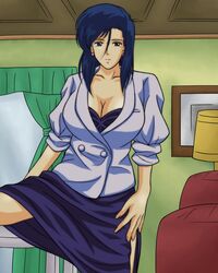  blue_eyes blue_hair breasts city_hunter cleavage couch curtains earrings female highres jewelry lamp large_breasts looking_at_viewer minashi_soft nogami_saeko short_hair skirt smile solo standing window 