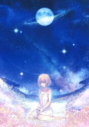  absurdres aikura_chihiro barefoot breasts cleavage dress female full_body full_moon highres looking_down medium_breasts milky_way moon night pink_hair red_eyes short_hair sitting sky sleeveless sleeveless_dress smile solo star_(sky) starry_sky storyteller_girl_(tsuki_no_sango) takeuchi_takashi tsuki_no_sango white_dress 