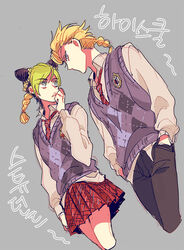  1boy argyle_clothes argyle_sweater bad_id bad_pixiv_id black_pants blonde_hair collared_shirt commentary_request cone_hair_bun double_bun female giorno_giovanna green_hair grey_background grey_sweater hair_bun jojo_no_kimyou_na_bouken korean_text kujo_jolyne mapi_(mup1228) necktie pants red_necktie red_skirt school_uniform shirt simple_background skirt stone_ocean sweater sweater_vest translated vento_aureo white_shirt 