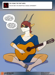  acoustic_guitar antelope anthro ask_blog biped bovid clothing cloven_hooves conditional_dnp dialogue dialogue_box digital_media_(artwork) english_text eyewear female fur gazelle glasses glitter_(kadath) guitar hair holding_musical_instrument holding_object hooved_plantigrade hooved_toes hooves kadath mammal musical_instrument oversized_clothing oversized_shirt oversized_topwear patreon patreon_logo plantigrade playing_guitar playing_music plucked_string_instrument shirt simple_background sitting solo speech_bubble string_instrument text topwear url website_logo 