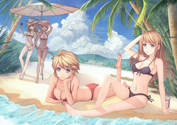  4girls bad_id bad_pixiv_id barefoot beach beach_umbrella bikini blonde_hair blue_eyes breasts brown_hair california_(warship_girls_r) catsmoon chinese_commentary cleavage cloud commentary_request d3a day feet front-tie_top hair_ornament hairclip head_rest heterochromia highres large_breasts leg_up long_hair lying mountain multiple_girls navel nevada_(warship_girls_r) oklahoma_(warship_girls_r) on_stomach outdoors palm_tree photoshop_(medium) sand short_hair side-tie_bikini_bottom sitting sky soles swimsuit tennessee_(warship_girls_r) the_pose toes tree umbrella warship_girls_r water 