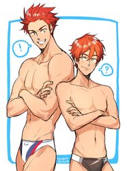  ! 2boys ? artist_name bad_link border brothers crossed_arms dated free! grin groin height_difference male_focus male_swimwear mikoshiba_momotarou mikoshiba_seijuurou multiple_boys muscular navel no_nipples onegingek orange_hair siblings simple_background smile spoken_exclamation_mark spoken_question_mark standing swim_briefs topless_male yellow_eyes 