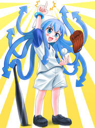  baseball baseball_bat baseball_mitt baseball_uniform blue_eyes blue_hair clothes_writing commentary_request female hat ikamusume long_hair no_socks prehensile_hair shimusu shinryaku!_ikamusume solo sportswear tentacle_hair 