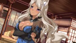  animal_ears blonde_hair blush body_blush bow breast_hold breasts brooch ceiling cleavage covered_nipples cross-laced_clothes crossed_arms dark-skinned_female dark_skin detached_sleeves dress dutch_angle female fox_ears fox_tail from_side fusuma game_cg gem hair_between_eyes hair_ornament hairclip high_collar indoors jewelry large_breasts light_rays light_smile long_hair long_sleeves looking_to_the_side parted_bangs puffy_detached_sleeves puffy_sleeves purple_eyes sakura_spirit sakurano_machiko shadow shiny_skin shouji sleeves_past_wrists sliding_doors smile solo standing sunbeam sunlight tail upper_body wanaca wavy_hair wooden_floor 