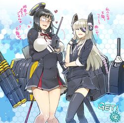  2girls black_hair blunt_bangs blush breasts commentary_request cosplay eyepatch gloves halo headgear honeycomb_(pattern) honeycomb_background jormungand_(manga) kantai_collection koko_hekmatyar large_breasts long_hair mechanical_halo multiple_girls redrop rigging sofia_valmer tatsuta_(kancolle) tatsuta_(kancolle)_(cosplay) tenryuu_(kancolle) tenryuu_(kancolle)_(cosplay) thighhighs translated white_hair 