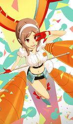  animal_ears bad_id bad_pixiv_id brown_hair carrot female getsumento_heiki_miina gloves midriff ochakai_shin&#039;ya rabbit_ears rabbit_girl rabbit_tail red_eyes solo tail tsukishiro_mina 