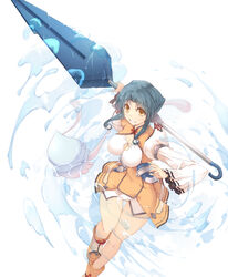  animal_ears armband atuy blue_hair breasts cleavage commentary female highres large_breasts monster polearm running satomi_(black_scarecrow) short_hair shorts sidelocks smile solo utawarerumono utawarerumono:_itsuwari_no_kamen water weapon yellow_eyes 