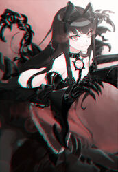  abyssal_ship bare_shoulders black_bow black_dress black_hair blurry bow chains choker chromatic_aberration claws commentary depth_of_field dress female gauntlets glowing glowing_eyes gothic_lolita hairbow kantai_collection lolita_fashion long_hair red_eyes scanlines seaplane_tender_princess smile solo sw_(2311550438) symbol-only_commentary very_long_hair 