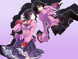  2girls black_eyes black_hair commentary_request empty_eyes hanekawa_tsubasa monogatari_(series) multiple_girls naoetsu_high_school_uniform oshino_ougi owarimonogatari pantyhose pink_shirt purple_eyes school_uniform shirt short_hair sleeves_past_fingers sleeves_past_wrists tsujiori 