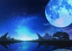  blue_theme cloud commentary_request full_moon highres moon night night_sky no_humans original outdoors partial_commentary reflection scenery sky sorakuma_(oycue41) star_(sky) starry_sky tree water 