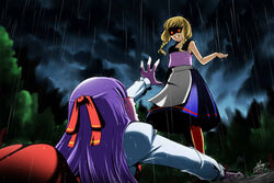  2girls blonde_hair blood braid commentary dress ellen_(majo_no_ie) english_commentary half_updo majo_no_ie mukaling multiple_girls on_ground purple_hair rain reaching spoilers viola_(majo_no_ie) 