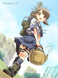  brown_eyes brown_hair commentary_request female flying_sweatdrops holding kantai_collection kazami_miki open_mouth photoshop_(medium) pleated_skirt school_uniform serafuku shirayuki_(kancolle) short_hair short_sleeves skirt smokestack solo teapot turret twintails twitter_username 