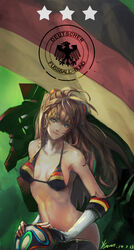  2014_fifa_world_cup absurdres artist_name bikini bikini_top_only blue_eyes brazuca brown_hair commentary_request dated eva_02 female fingerless_gloves german_flag german_text germany gloves hair_ornament highres long_hair mecha neon_genesis_evangelion photoshop_(medium) robot science_fiction signature smile solo souryuu_asuka_langley swimsuit translated world_cup xseven 