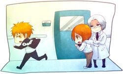  2boys bleach casual chibi commentary_request female highres hospital inoue_orihime ishida_ryuuken kurosaki_ichigo multiple_boys orange_hair running smile white_hair yougirasu_(1140515) 