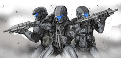  3boys aiming aiming_at_viewer armor assault_rifle assault_visor battle_rifle br55 bullpup commentary_request dust gun halo_(series) harahachibu_ajinosuke helmet ma5 male_focus military multiple_boys odst power_suit rifle shotgun soldier weapon 