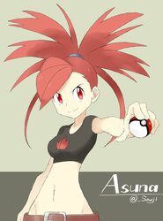  artist_name babydoll_t-shirt bad_id bad_twitter_id belt character_name crop_top cropped_shirt female flannery_(pokemon) groin holding holding_poke_ball looking_at_viewer midriff navel poke_ball poke_ball_(basic) pokemon pokemon_rse red_eyes red_hair shigino_sohuzi smile solo tank_top twitter_username 