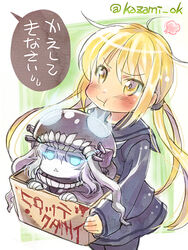  2girls :t abyssal_ship blonde_hair blue_eyes blush bodysuit box cape commentary_request for_adoption glowing glowing_eyes grey_hair hair_ornament hat holding in_box in_container kantai_collection kazami_miki long_hair long_sleeves multiple_girls open_mouth pale_skin pantyhose photoshop_(medium) pout satsuki_(kancolle) school_uniform serafuku short_hair skirt translated triangle_mouth turret twintails twitter_username wo-class_aircraft_carrier yellow_eyes 