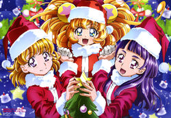  3girls absurdres asahina_mirai blonde_hair blue_eyes blush christmas cure_mofurun gloves hat highres izayoi_liko long_hair mahou_girls_precure! mofurun_(mahou_girls_precure!) multiple_girls official_art open_mouth precure purple_eyes purple_hair santa_hat short_hair star_(symbol) star_in_eye symbol_in_eye ueno_ken 