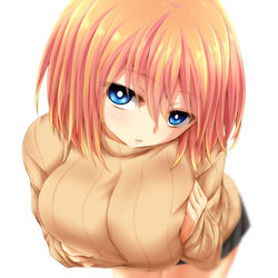  blue_eyes breasts commentary_request female highres huge_breasts leaning_forward orange_hair original photoshop_(medium) setana short_hair skirt solo sweater watarui 