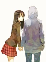  1boy blazer brown_eyes brown_hair couple cowboy_shot female from_behind hand_in_pocket hidari_(left_side) holding_hands hood hoodie jacket long_hair looking_at_viewer looking_back mii-kun misono_mayu plaid plaid_skirt pleated_skirt school_uniform simple_background skirt smile straight usotsuki_mii-kun_to_kowareta_maa-chan white_background 