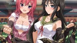  2girls :/ :d arm_guards bare_shoulders black_gloves black_hair blazer blue_eyes blush body_blush breasts building bush buttons cherry_blossom_print cleavage collarbone covered_nipples day elbow_gloves fingerless_gloves floral_print frown game_cg gloves grass hair_ornament hairclip hand_on_own_hip hikage_narumi holding jacket large_breasts long_hair looking_at_viewer multiple_girls open_clothes open_jacket open_mouth outdoors parted_bangs petals plaid plaid_skirt purple_eyes red_hair ribbon sakura_spirit sarashi scarf school_uniform short_hair short_sleeves sideboob sidelocks single_elbow_glove skirt smile sukino_miyo unbuttoned underboob unworn_scarf upper_body v-shaped_eyebrows very_long_hair wanaca 