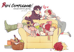  2boys bad_id bad_pixiv_id black_hair blonde_hair bouquet caesar_anthonio_zeppeli commentary_request couch dated female flower happy_birthday jojo_no_kimyou_na_bouken joseph_joestar joseph_joestar_(young) mapi_(mup1228) multiple_boys sleeping stuffed_animal stuffed_rabbit stuffed_toy suzi_q 