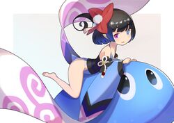  bad_id bad_twitter_id bare_legs bare_shoulders barefoot black_bow black_hair blue_eyes blue_one-piece_swimsuit bow commentary_request detached_sleeves female fundoshi grey_background hair_ornament heterochromia highleg highleg_swimsuit highres japanese_clothes kimono long_sleeves looking_at_viewer looking_to_the_side lying mini_person minigirl obi on_stomach one-piece_swimsuit original parted_lips pinwheel pinwheel_hair_ornament pointy_ears purple_eyes sakazu_mekasuke sash short_hair sidelocks simple_background smile solo swimsuit swirl two-tone_background white_background wide_sleeves 