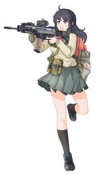  :o ahoge aiming ammunition_pouch assault_rifle backpack badge bag belt belt_pouch black_footwear black_hair black_socks blush bow bowtie breasts brown_bag brown_eyes brown_gloves brown_sweater bullet button_badge camouflage camouflage_bag commentary cross-laced_footwear cz_805_bren desert_camouflage elcan_scope female food foregrip full_body gloves green_belt grey_skirt gun highres holding holding_gun holding_weapon laser_sight leg_up load_bearing_equipment long_hair long_sleeves looking_ahead md5_mismatch medium_breasts nose_blush open_mouth optical_sight original pleated_skirt pouch red_bag red_bow red_bowtie reflex_sight rifle school_uniform selby shirt shoes simple_background single_glove skirt snack socks solo strap sweater teeth trigger_discipline upper_teeth_only vertical_foregrip weapon weapon_name white_background white_shirt 