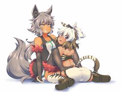  2girls animal_ears animal_print bare_shoulders black_footwear black_gloves black_hair black_legwear breasts collarbone commentary_request dark-skinned_female dark_skin dyed_bangs elbow_gloves fur-trimmed_gloves fur-trimmed_legwear fur_trim gloves grey_eyes grey_hair grin haimiya_eren_(kuromiya) kuromiya looking_at_viewer midriff multicolored_hair multiple_girls open_mouth original purple_eyes shimamiya_mayuki_(kuromiya) short_hair short_shorts shorts sitting smile tail teeth thighhighs two-tone_hair wariza white_hair white_shorts zebra_print 